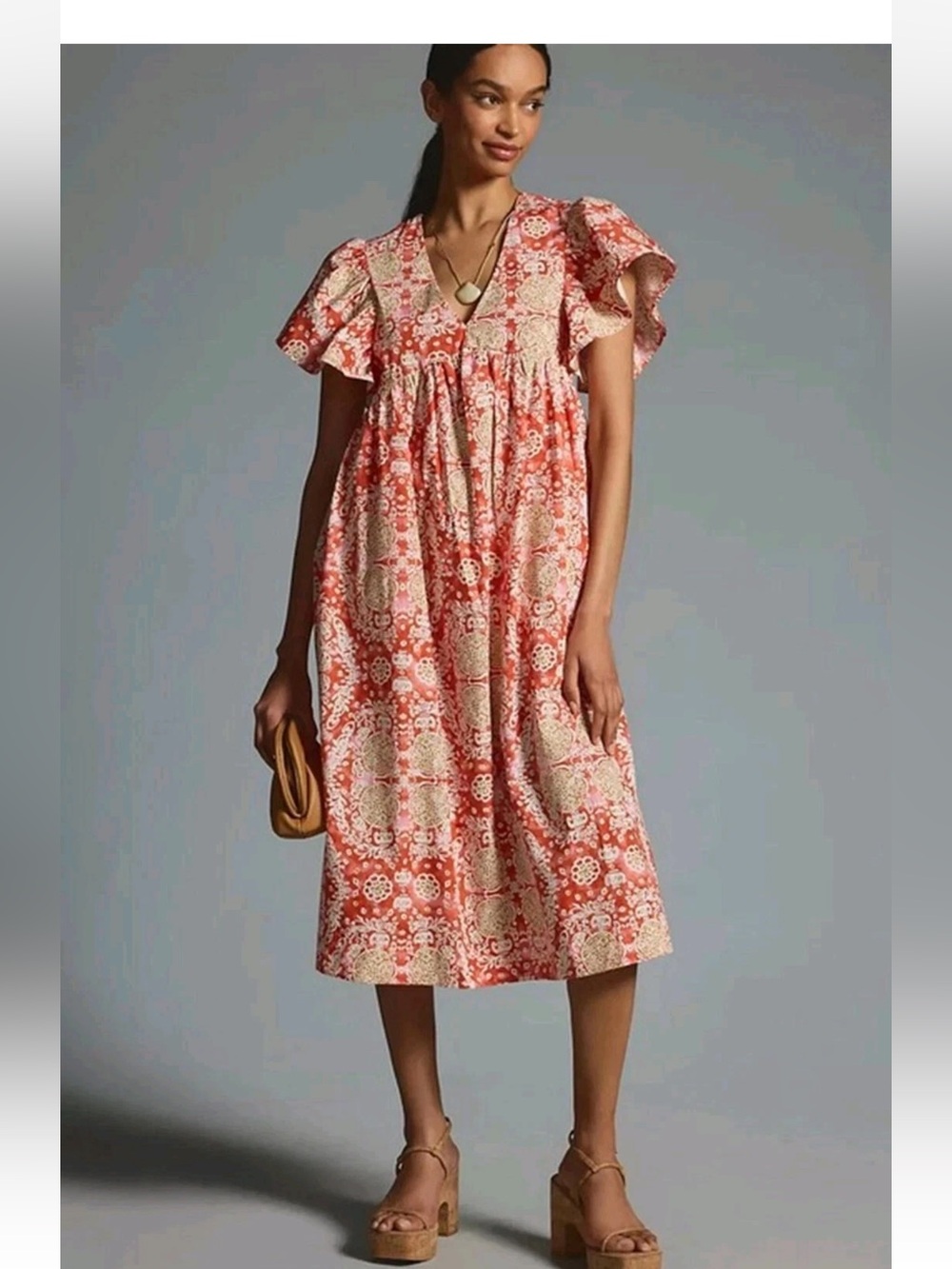 ANTHROPOLOGIE MAEVE FLUTTER DLEEVE BABYDOLL DRESS red pink cream  size 2X